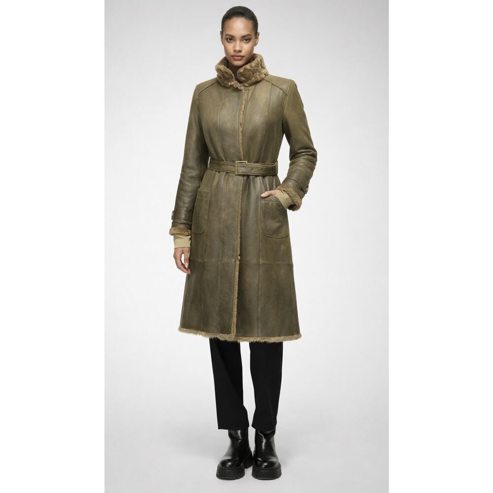 Vintage Elegancia Real Shearling Leather Coat Belted Green Sheepskin Small